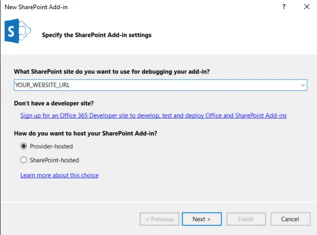SharePoint Add-in settings screenshot