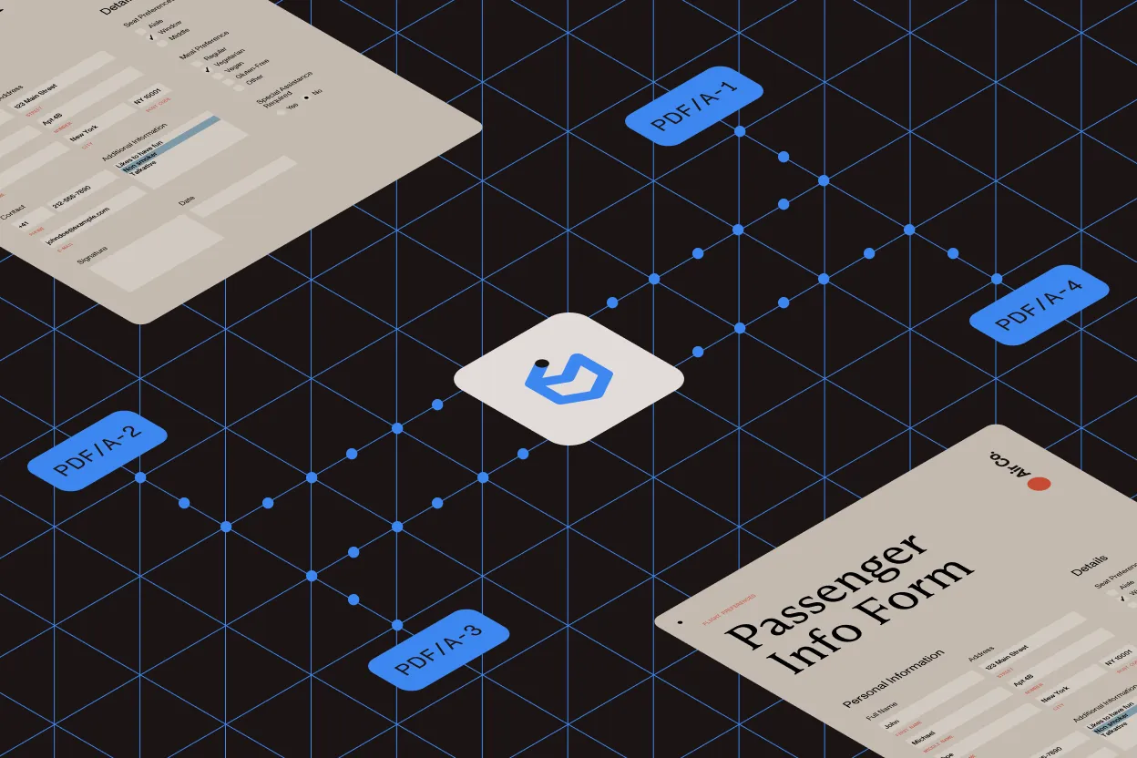 Illustration showing PDF/A documents and compliance icons