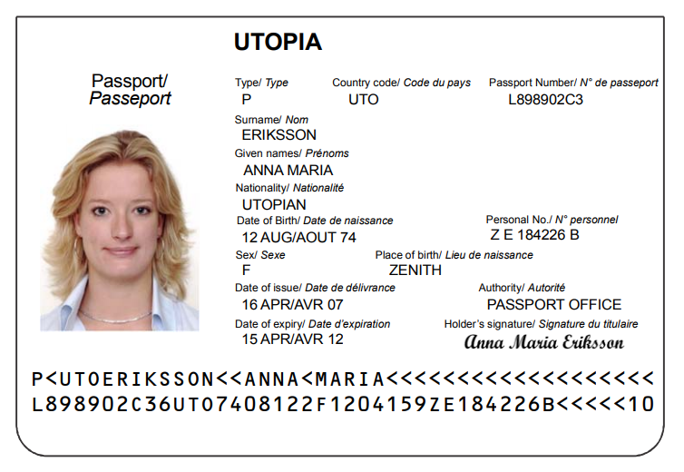 Example of the page of a visa that shows the machine-readable zone.