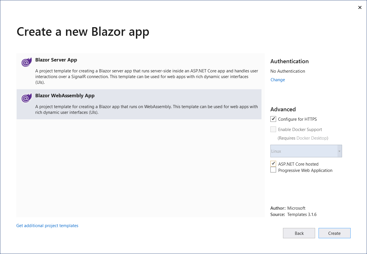 Image of create a new Blazor WebAssembly project