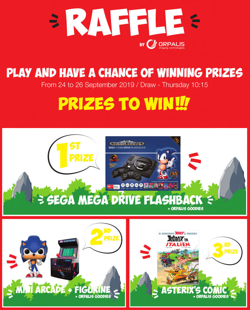 images of the prizes to win: Sega Mega Drive, mini arcade game, Sonic figurine, Asterix comics, ORPALIS goodies.